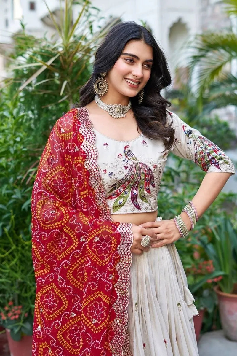Embroidered Lehenga Choli with Red Bandhej Dupatta