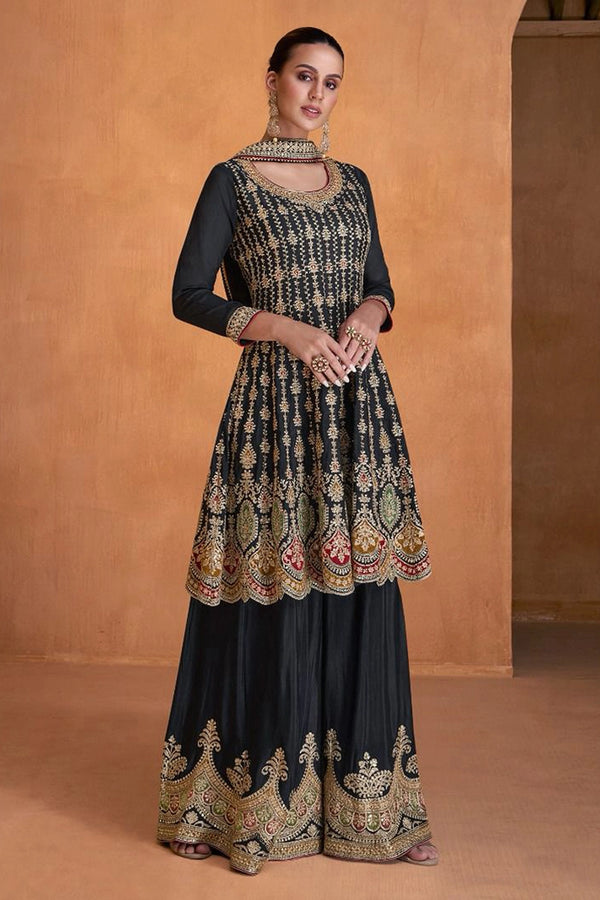 Black Fox Georgette With Embroidery Gown