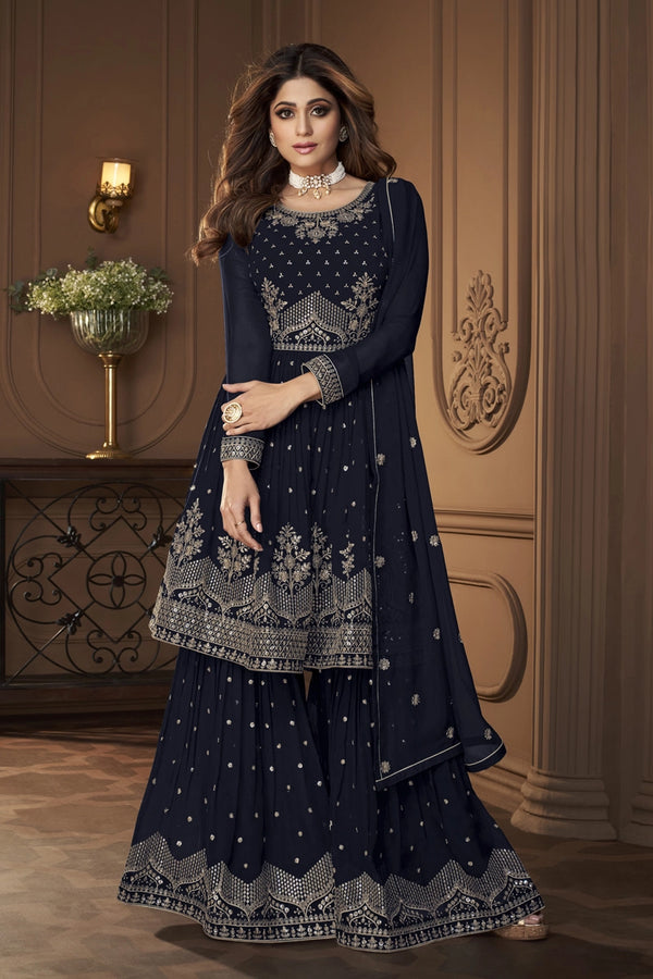 Blue Fox Georgette With Embroidery Sharara Suit