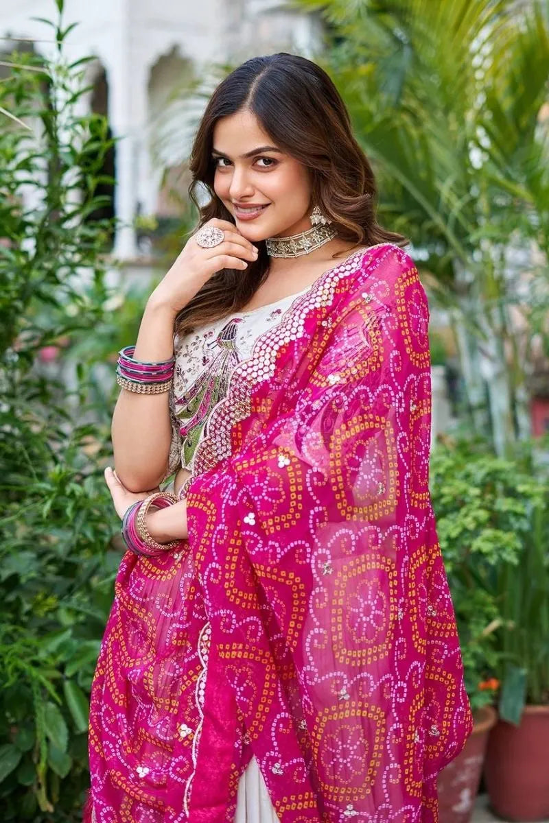 Embroidered Lehenga Choli with Pink Bandhej Dupatta