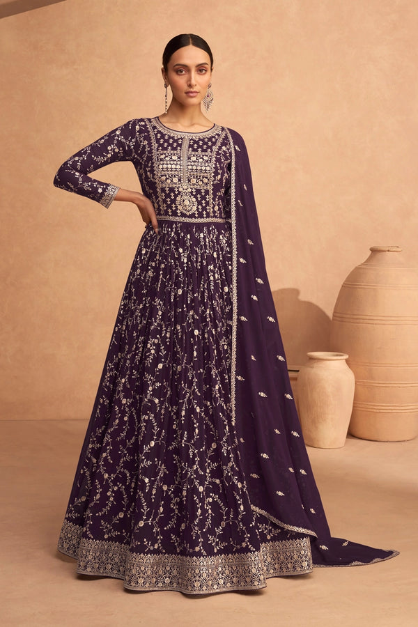 Wine Georgette Embroidery Gown